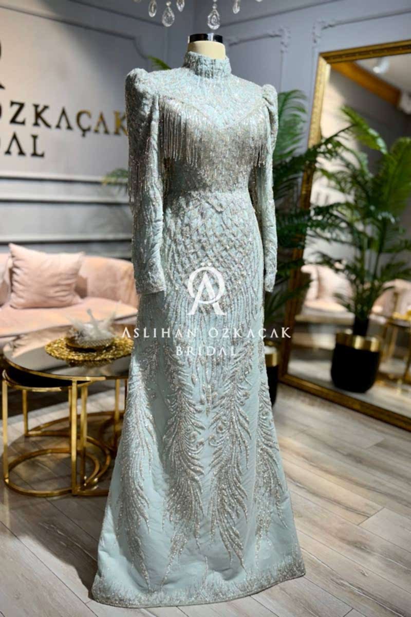 Rozalin Nil Yeşili After Elbisesi